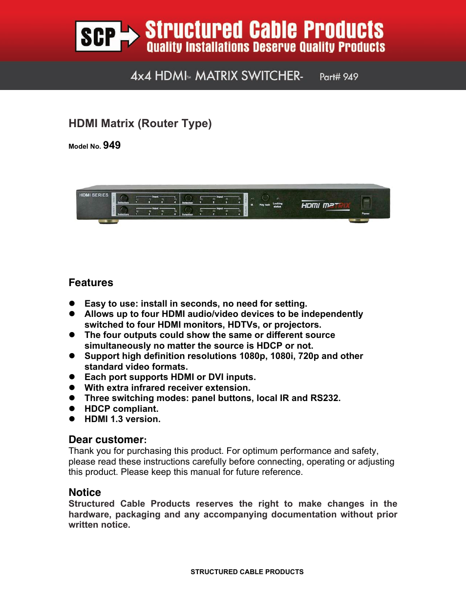 Structured Cable Products HDMI MATRIX 949 User Manual | 9 pages