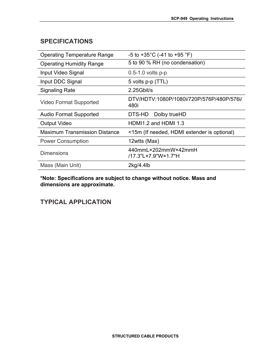 Specifications, Typical application | Structured Cable Products HDMI MATRIX 949 User Manual | Page 6 / 9