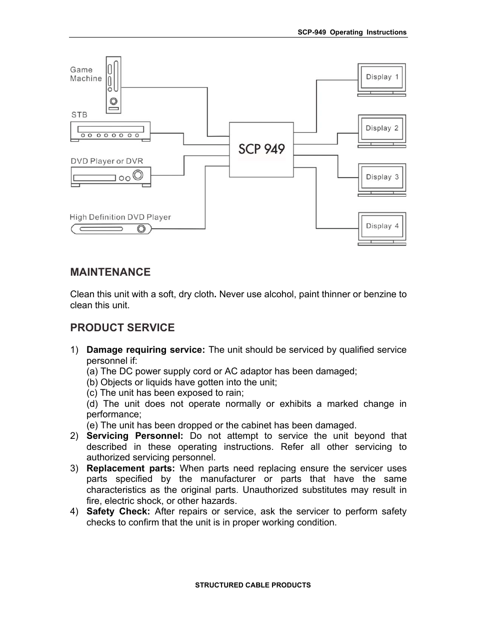 Maintenance, Product service | Structured Cable Products HDMI MATRIX 949 User Manual | Page 7 / 9