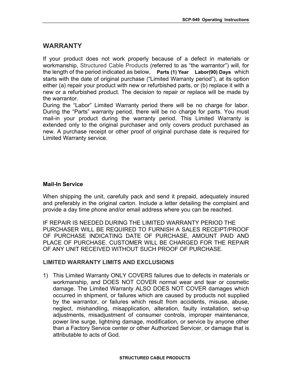 Warranty | Structured Cable Products HDMI MATRIX 949 User Manual | Page 8 / 9