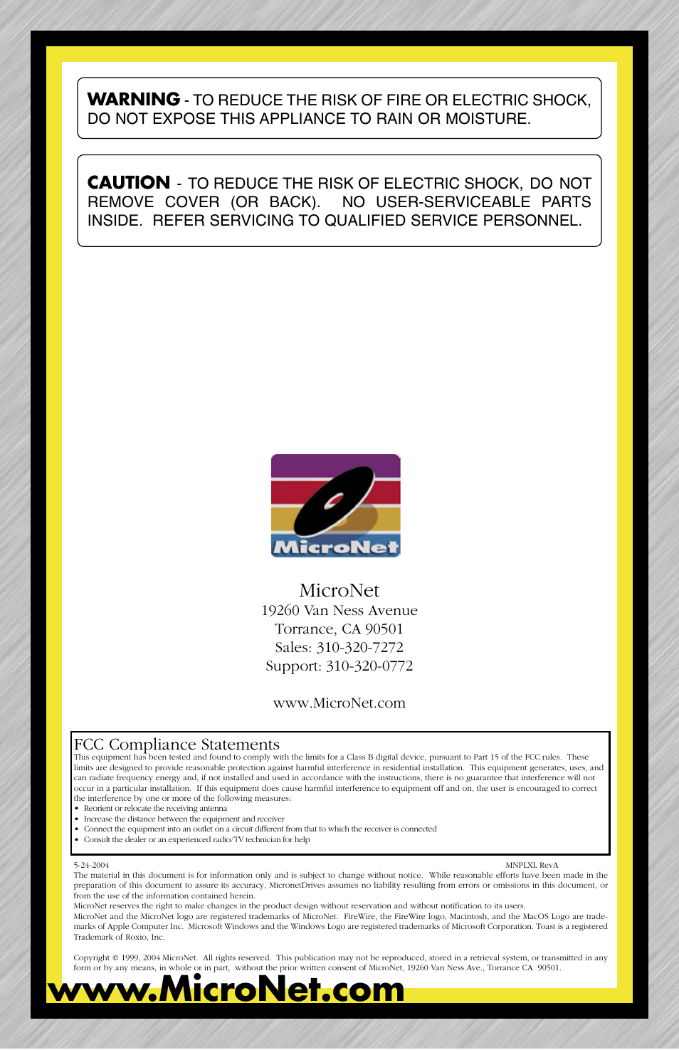 Micronet, Warning, Caution | Fcc compliance statements | Structured Cable Products MicroNet User Manual | Page 8 / 8