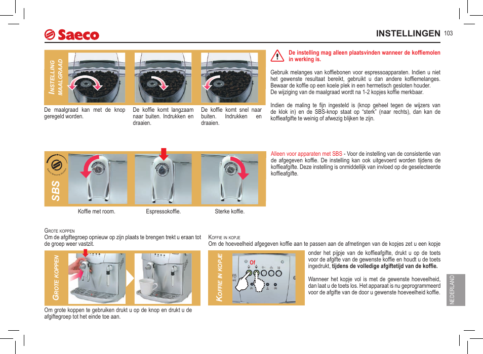 Instellingen | Philips Saeco Incanto Classic S-class User Manual | Page 103 / 116