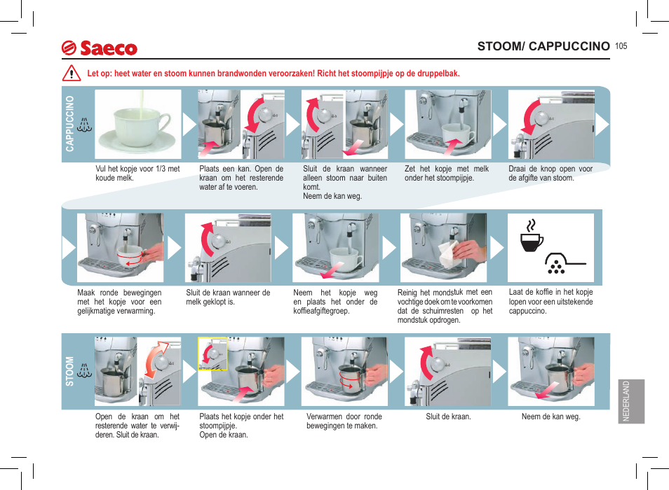 Stoom/ cappuccino | Philips Saeco Incanto Classic S-class User Manual | Page 105 / 116