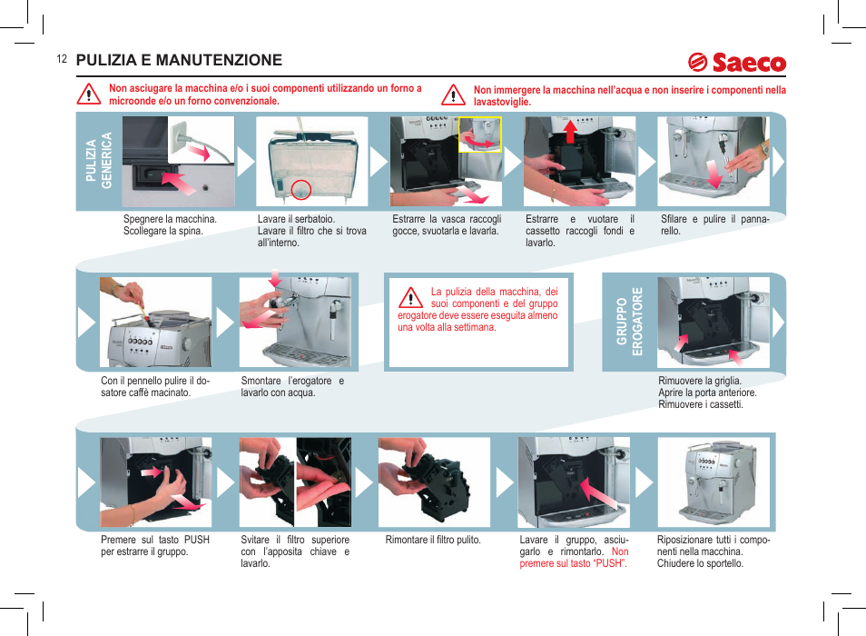 Pulizia e manutenzione | Philips Saeco Incanto Classic S-class User Manual | Page 12 / 116