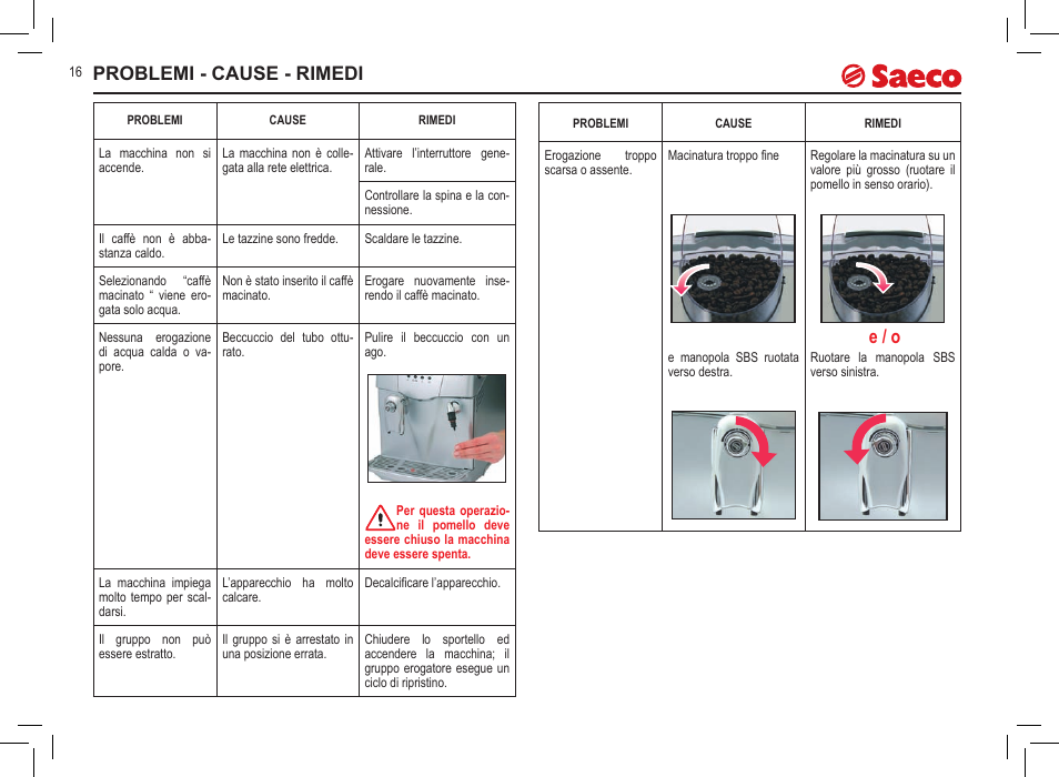 Problemi - cause - rimedi e / o | Philips Saeco Incanto Classic S-class User Manual | Page 16 / 116