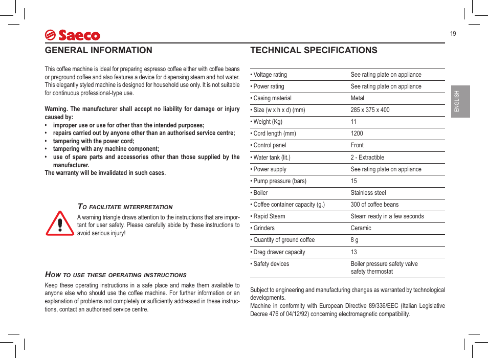 General information, Technical specifications | Philips Saeco Incanto Classic S-class User Manual | Page 19 / 116