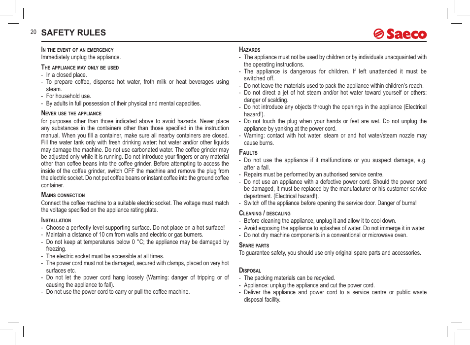 Safety rules | Philips Saeco Incanto Classic S-class User Manual | Page 20 / 116