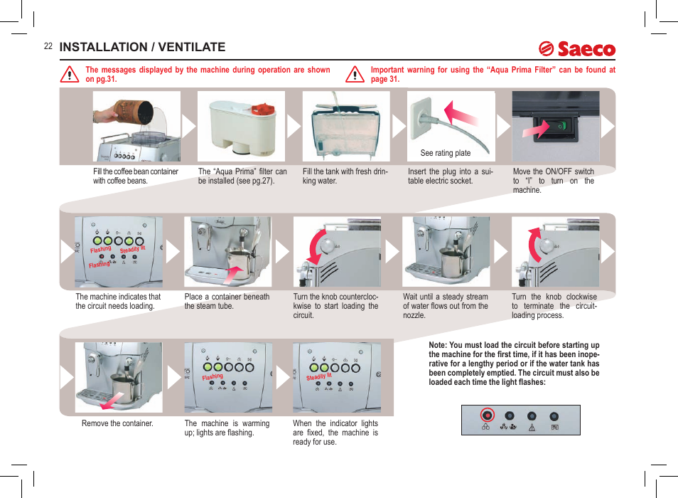 Installation / ventilate | Philips Saeco Incanto Classic S-class User Manual | Page 22 / 116