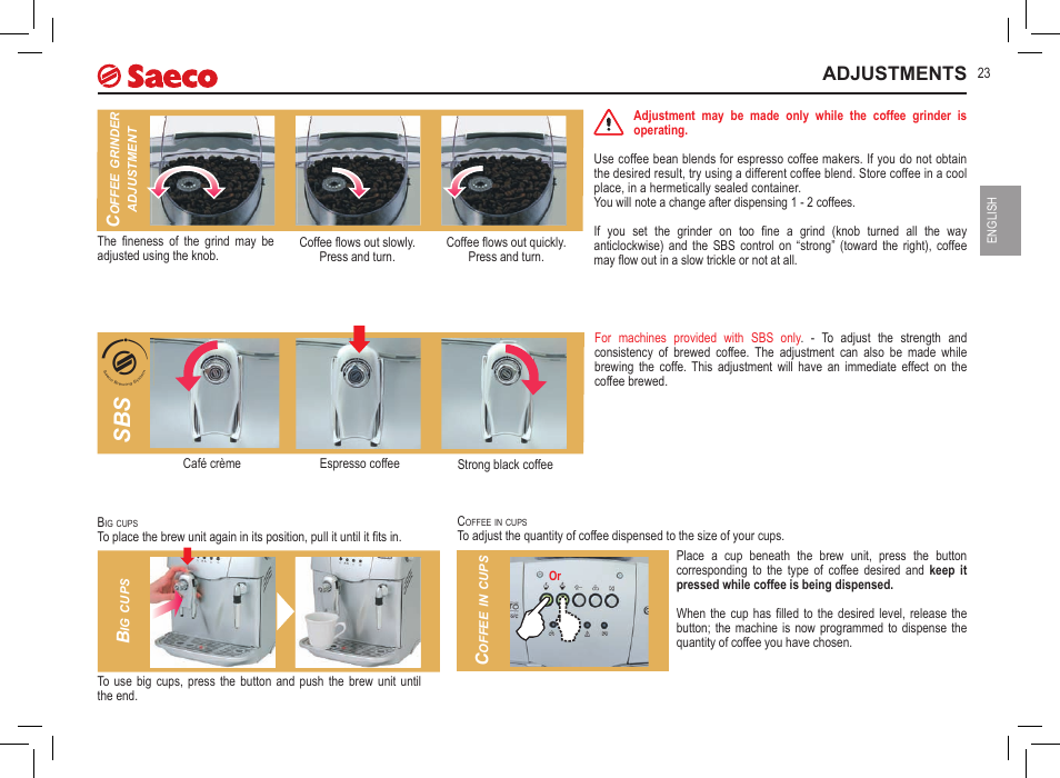 Adjustments | Philips Saeco Incanto Classic S-class User Manual | Page 23 / 116