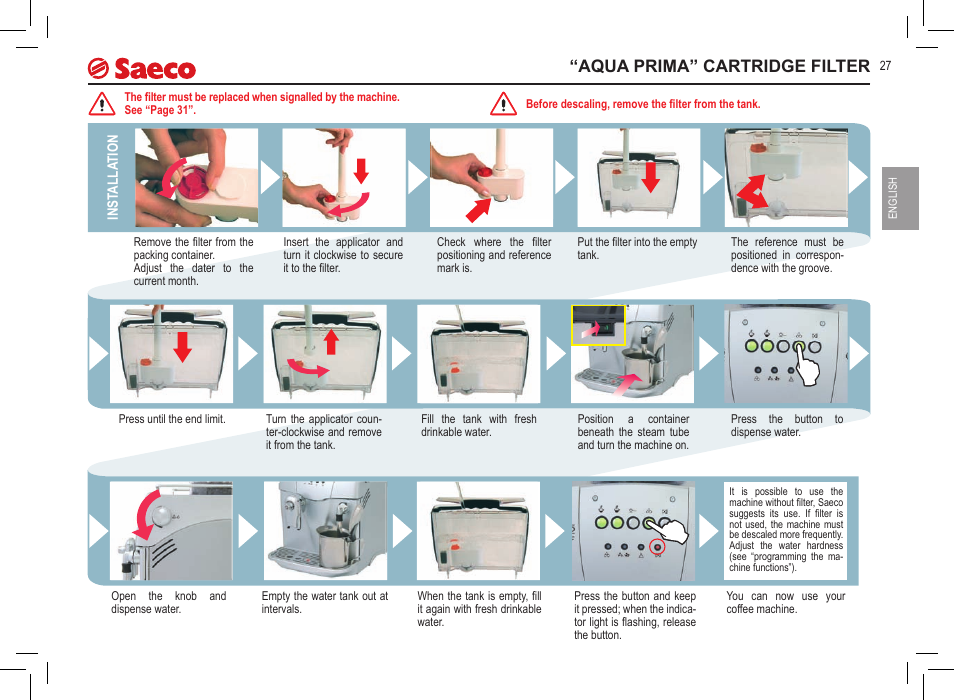 Aqua prima” cartridge filter | Philips Saeco Incanto Classic S-class User Manual | Page 27 / 116