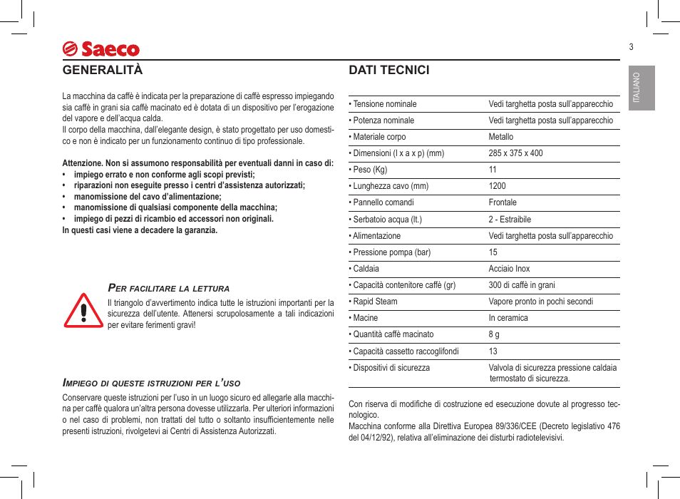 Generalità, Dati tecnici | Philips Saeco Incanto Classic S-class User Manual | Page 3 / 116