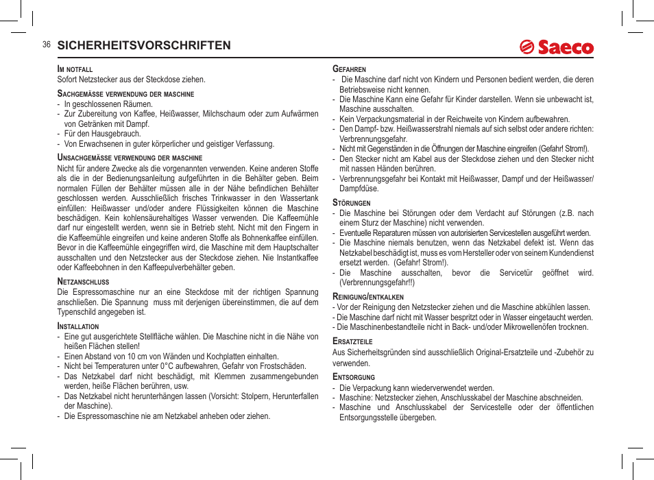 Sicherheitsvorschriften | Philips Saeco Incanto Classic S-class User Manual | Page 36 / 116