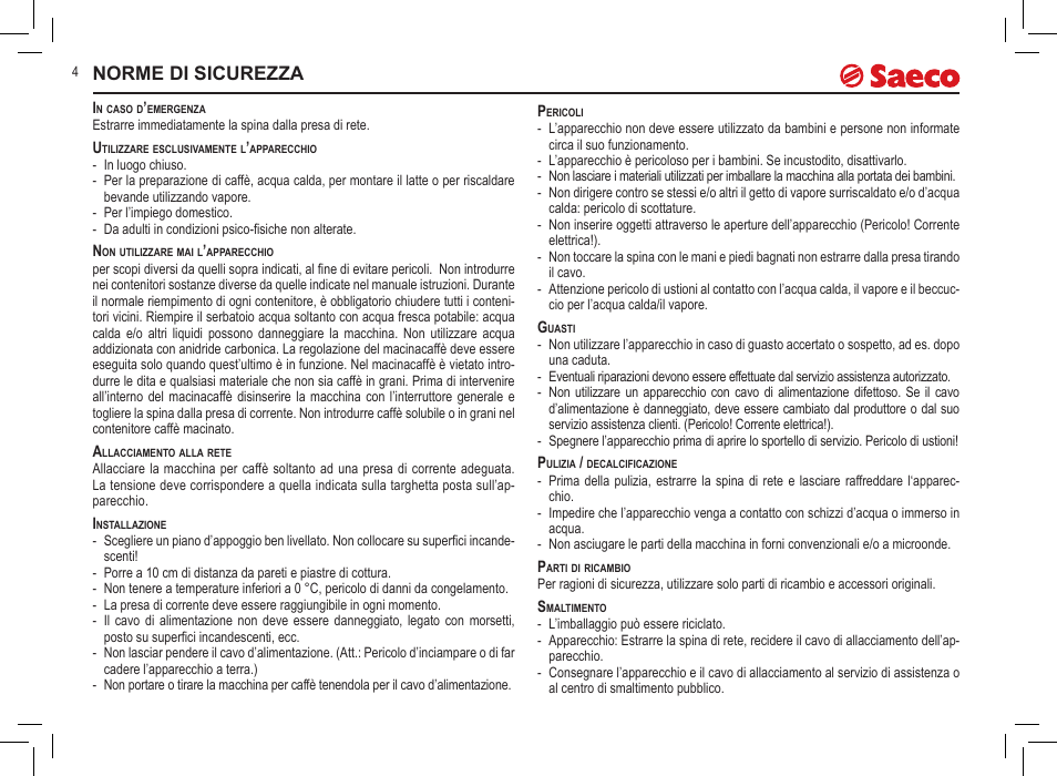 Norme di sicurezza | Philips Saeco Incanto Classic S-class User Manual | Page 4 / 116