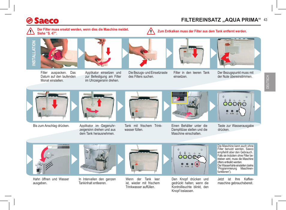 Filtereinsatz „aqua prima | Philips Saeco Incanto Classic S-class User Manual | Page 43 / 116