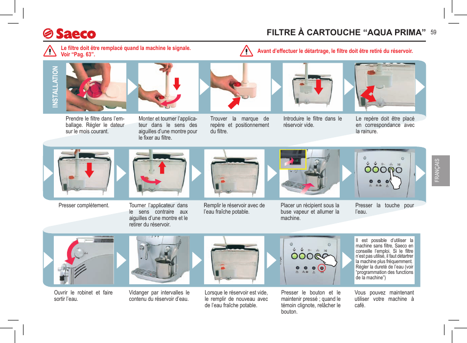 Filtre à cartouche “aqua prima | Philips Saeco Incanto Classic S-class User Manual | Page 59 / 116