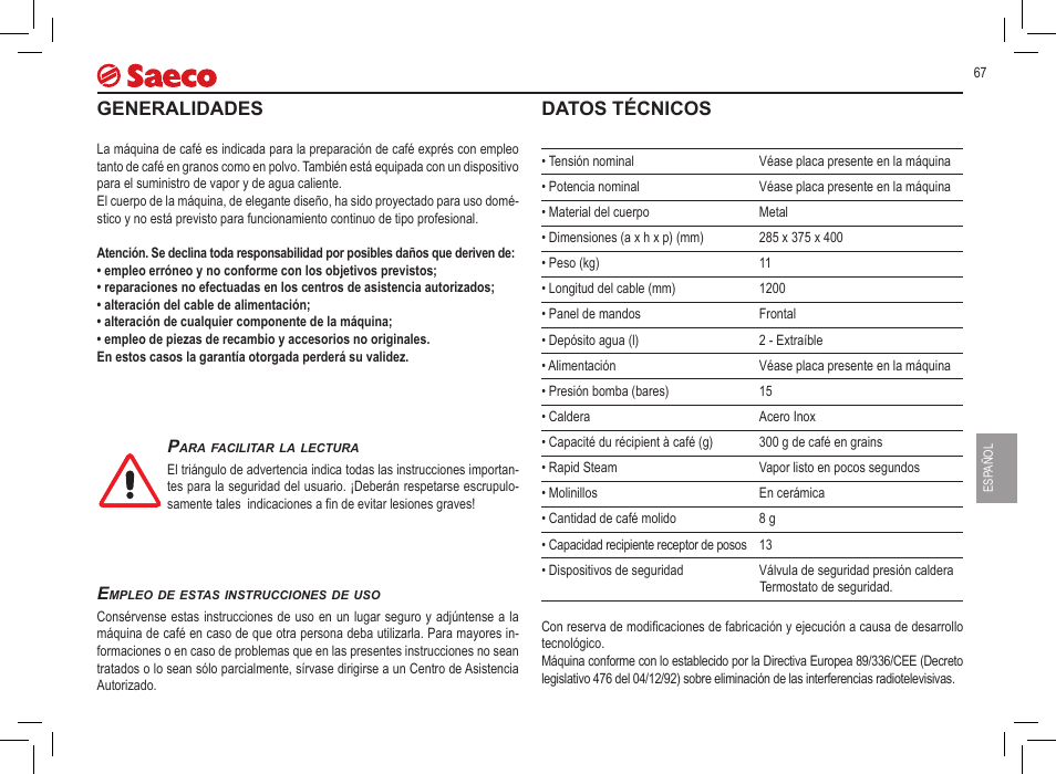 Generalidades, Datos técnicos | Philips Saeco Incanto Classic S-class User Manual | Page 67 / 116