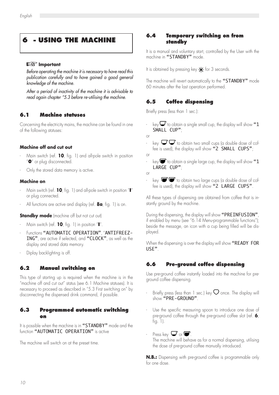 6 - using the machine | Philips Saeco Modular LUXE CAP001/A User Manual | Page 10 / 22