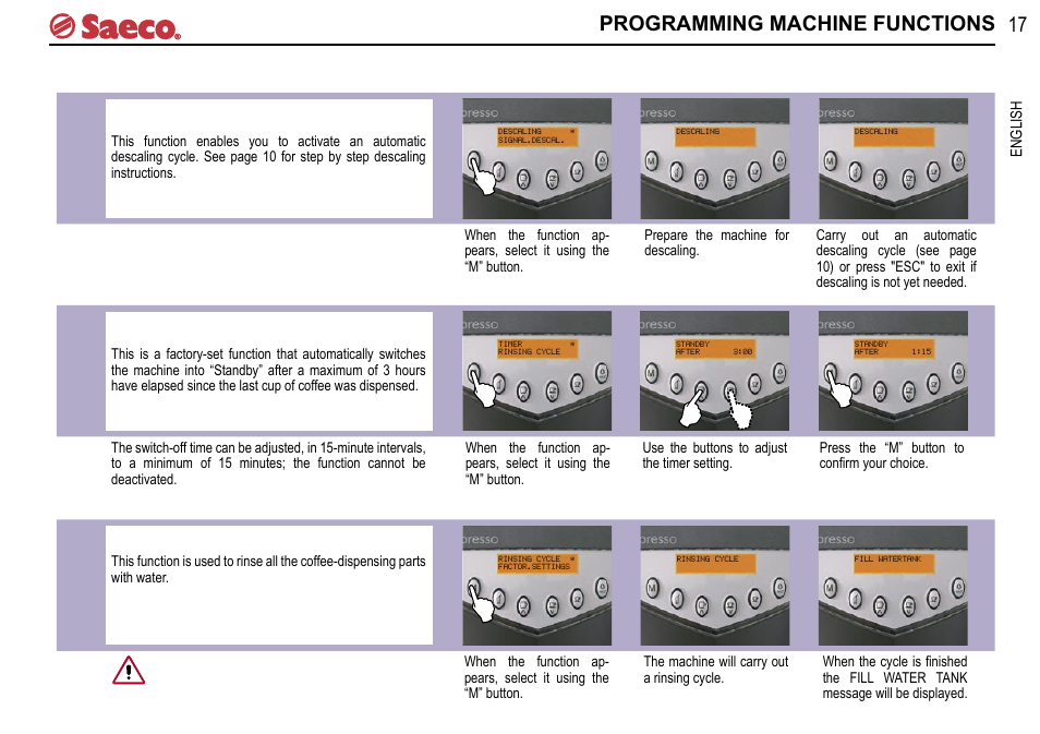 17 programming machine functions, Rinsing cycle timer descaling | Philips Saeco Presso SUP021YTDR User Manual | Page 17 / 20