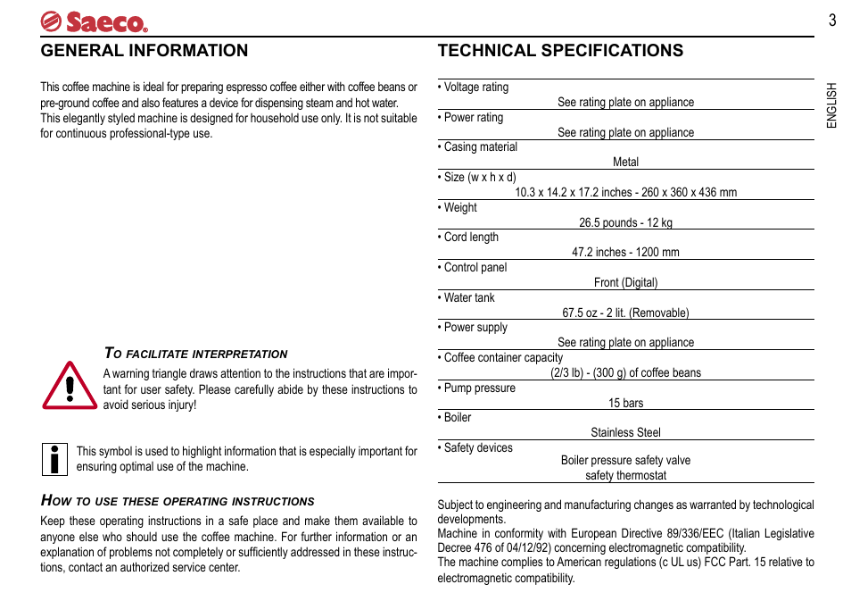3general information, Technical specifications | Philips Saeco Presso SUP021YTDR User Manual | Page 3 / 20