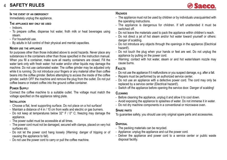 Safety rules | Philips Saeco Presso SUP021YTDR User Manual | Page 4 / 20