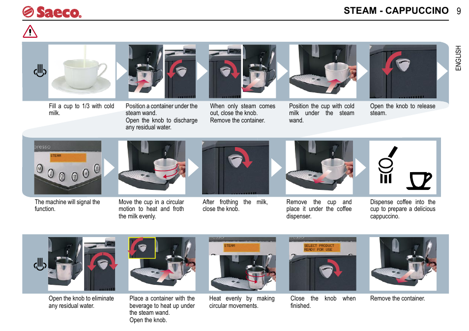 Steam - cappuccino | Philips Saeco Presso SUP021YTDR User Manual | Page 9 / 20