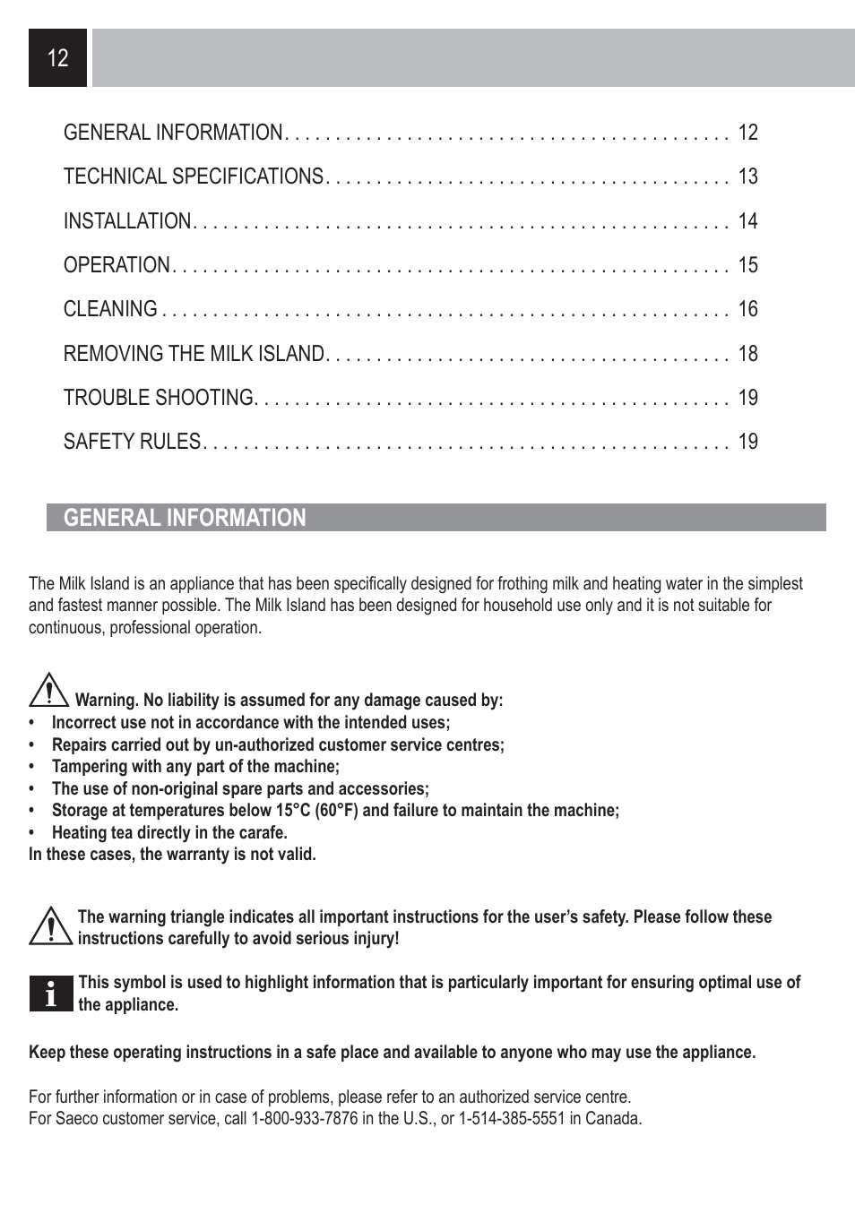 12 general information | Philips Saeco Milk Island User Manual | Page 12 / 84