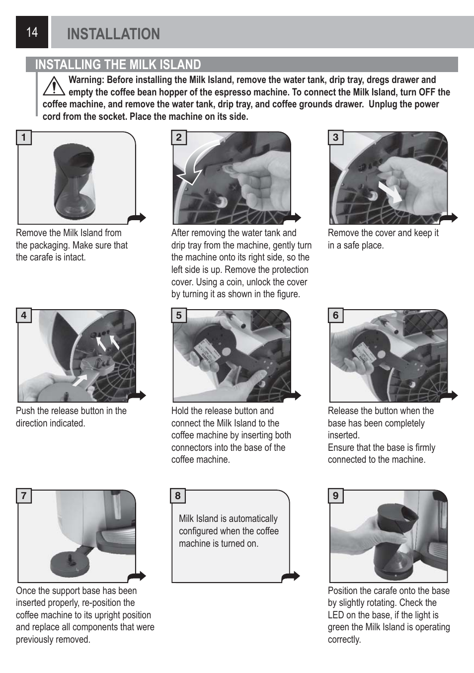 Installation, Installing the milk island | Philips Saeco Milk Island User Manual | Page 14 / 84