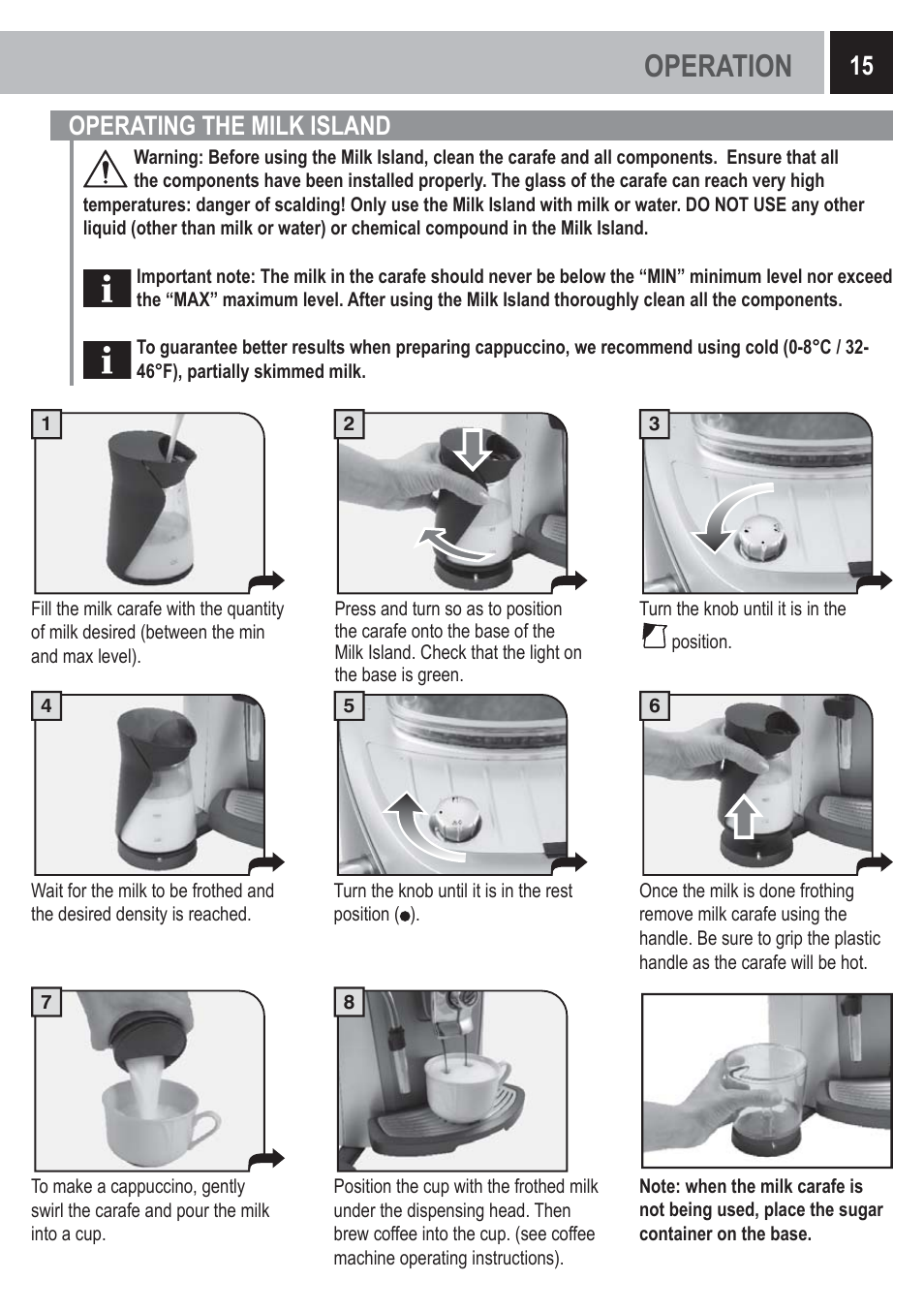 Operation, 15 operating the milk island | Philips Saeco Milk Island User Manual | Page 15 / 84