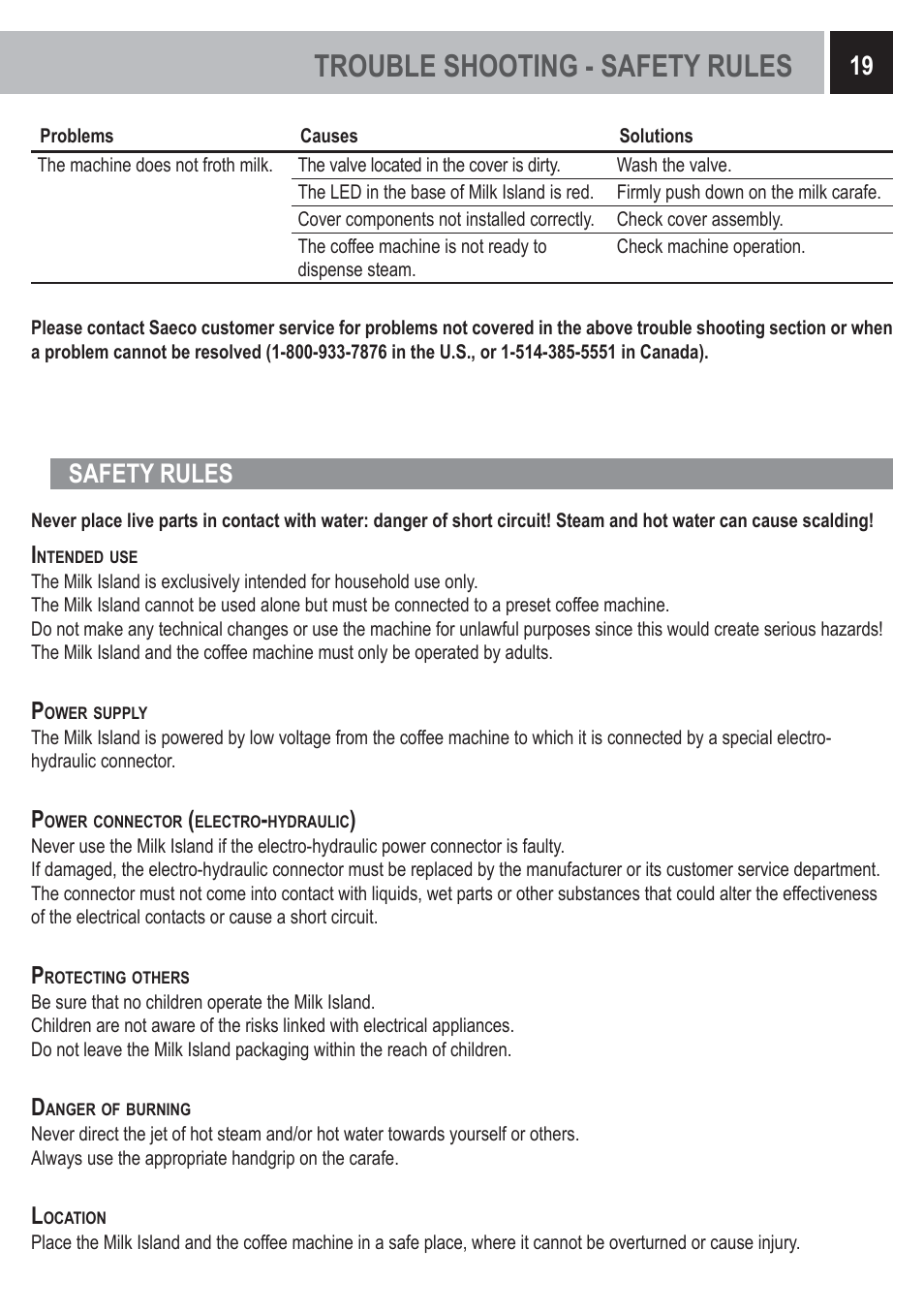 Trouble shooting - safety rules, Safety rules | Philips Saeco Milk Island User Manual | Page 19 / 84