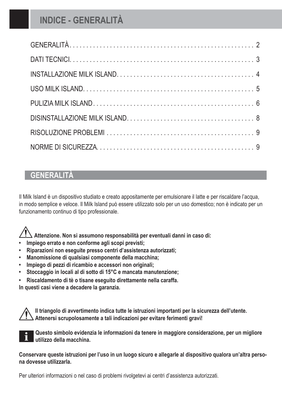 Indice - generalità, Generalità | Philips Saeco Milk Island User Manual | Page 2 / 84