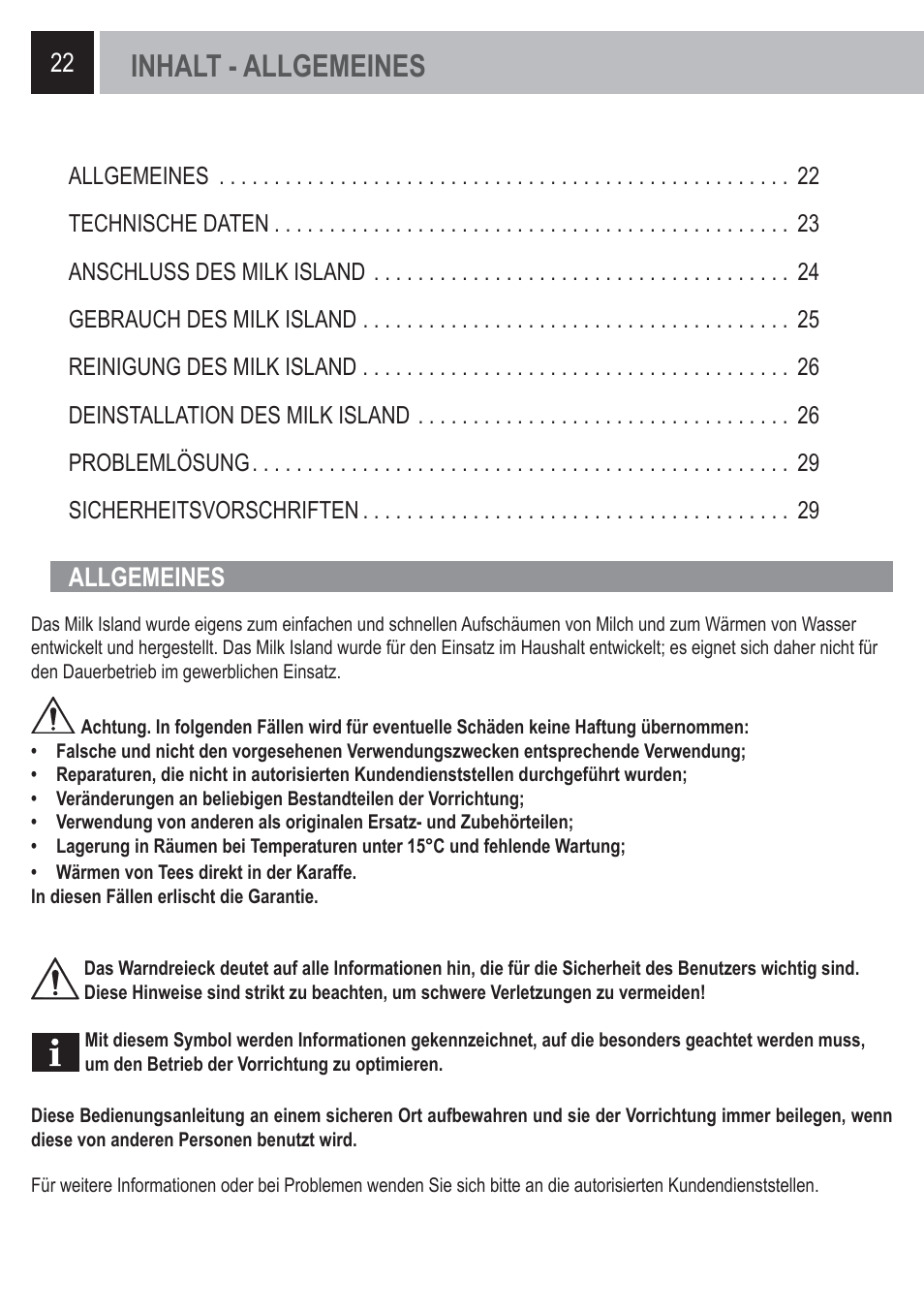 Inhalt - allgemeines, Allgemeines | Philips Saeco Milk Island User Manual | Page 22 / 84