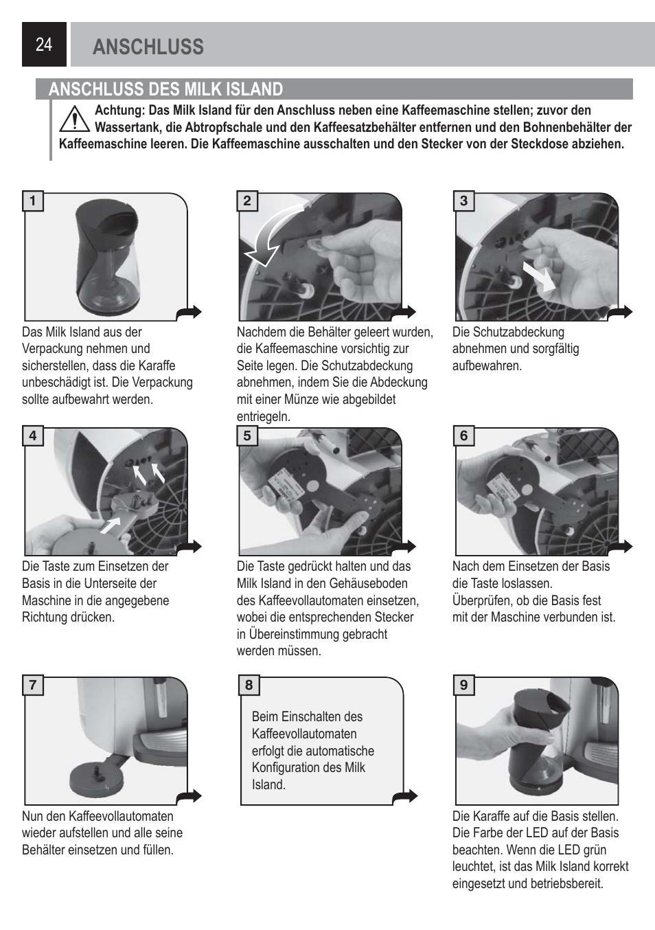 Anschluss, Anschluss des milk island | Philips Saeco Milk Island User Manual | Page 24 / 84