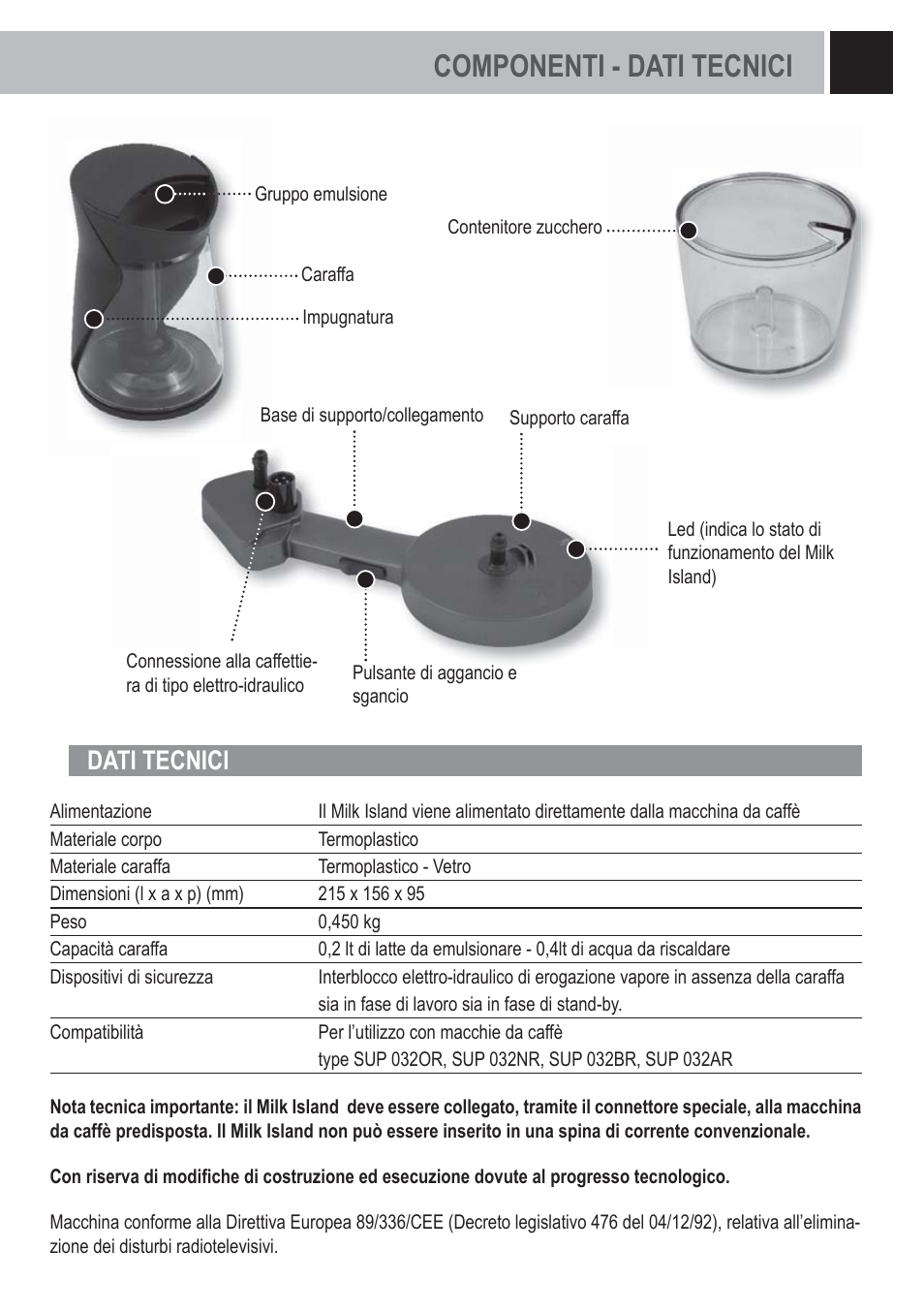 Componenti - dati tecnici, Dati tecnici | Philips Saeco Milk Island User Manual | Page 3 / 84
