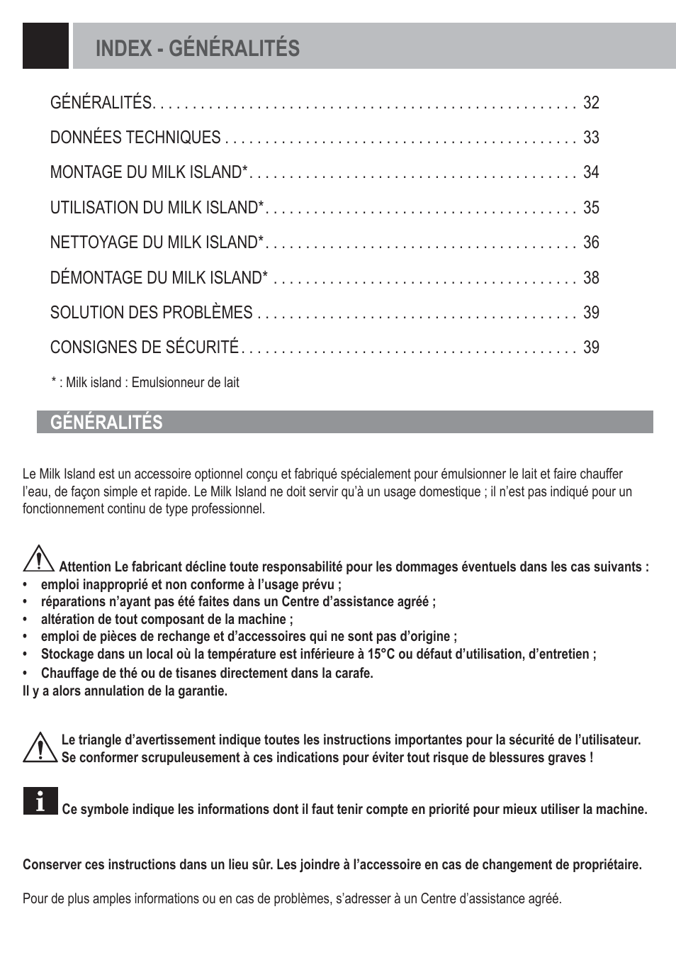 Index - généralités, Généralités | Philips Saeco Milk Island User Manual | Page 32 / 84