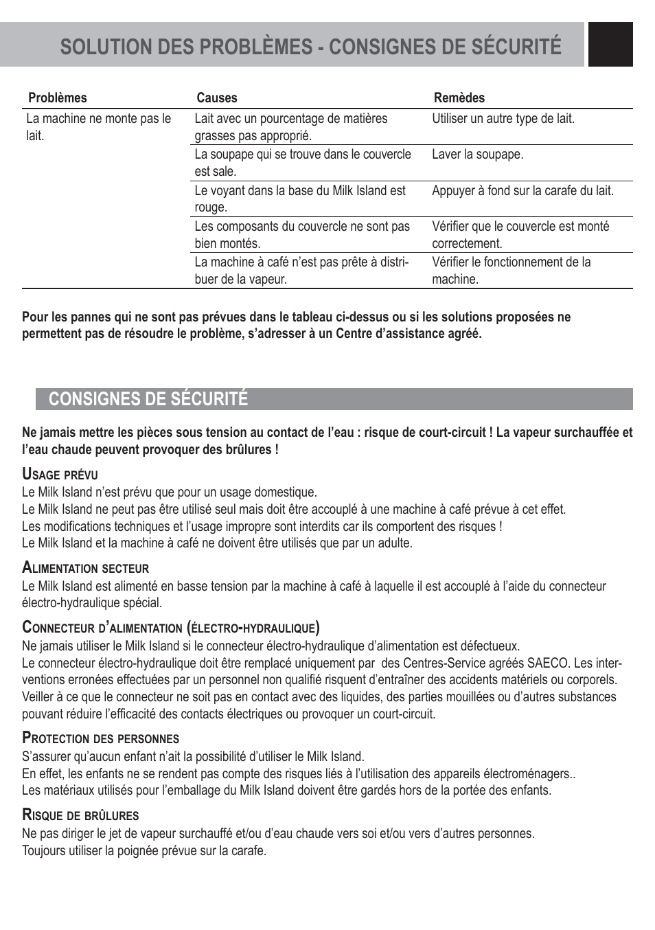 Solution des problèmes - consignes de sécurité, Consignes de sécurité | Philips Saeco Milk Island User Manual | Page 39 / 84