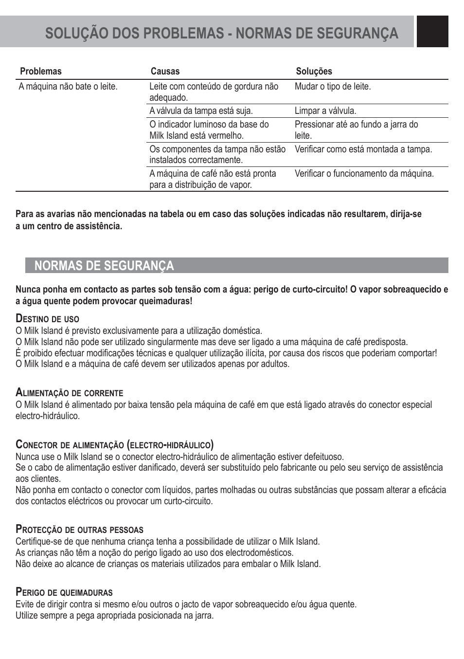 Solução dos problemas - normas de segurança, Normas de segurança | Philips Saeco Milk Island User Manual | Page 59 / 84