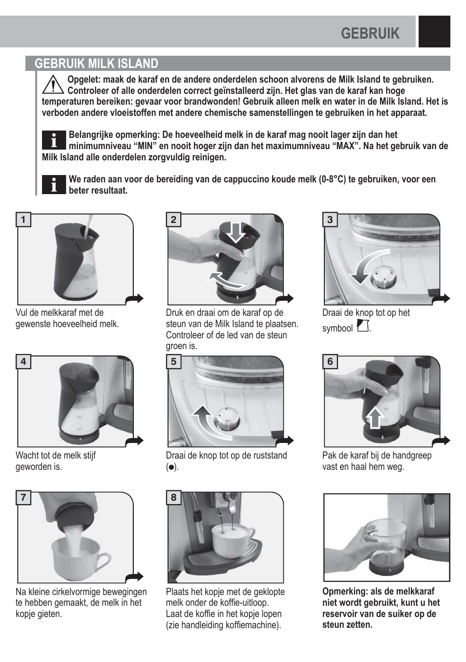 Gebruik, 65 gebruik milk island | Philips Saeco Milk Island User Manual | Page 65 / 84