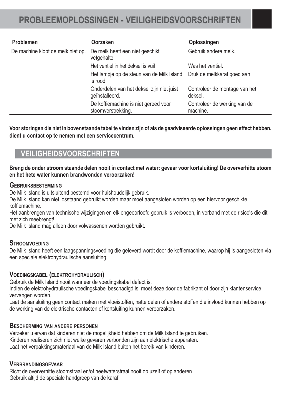 Probleemoplossingen - veiligheidsvoorschriften, Veiligheidsvoorschriften | Philips Saeco Milk Island User Manual | Page 69 / 84