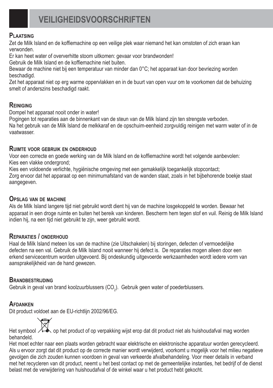 Veiligheidsvoorschriften | Philips Saeco Milk Island User Manual | Page 70 / 84