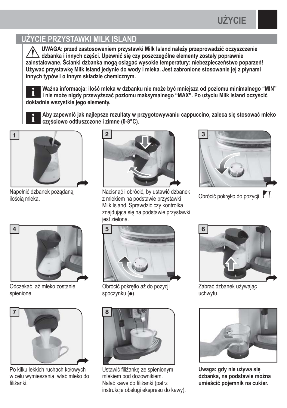 Użycie, 75 użycie przystawki milk island | Philips Saeco Milk Island User Manual | Page 75 / 84