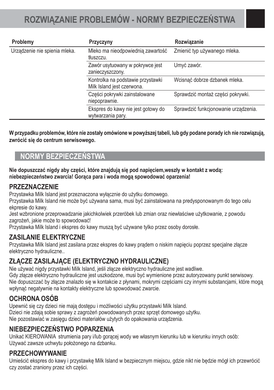 Rozwiązanie problemów - normy bezpieczeństwa, Normy bezpieczeństwa | Philips Saeco Milk Island User Manual | Page 79 / 84