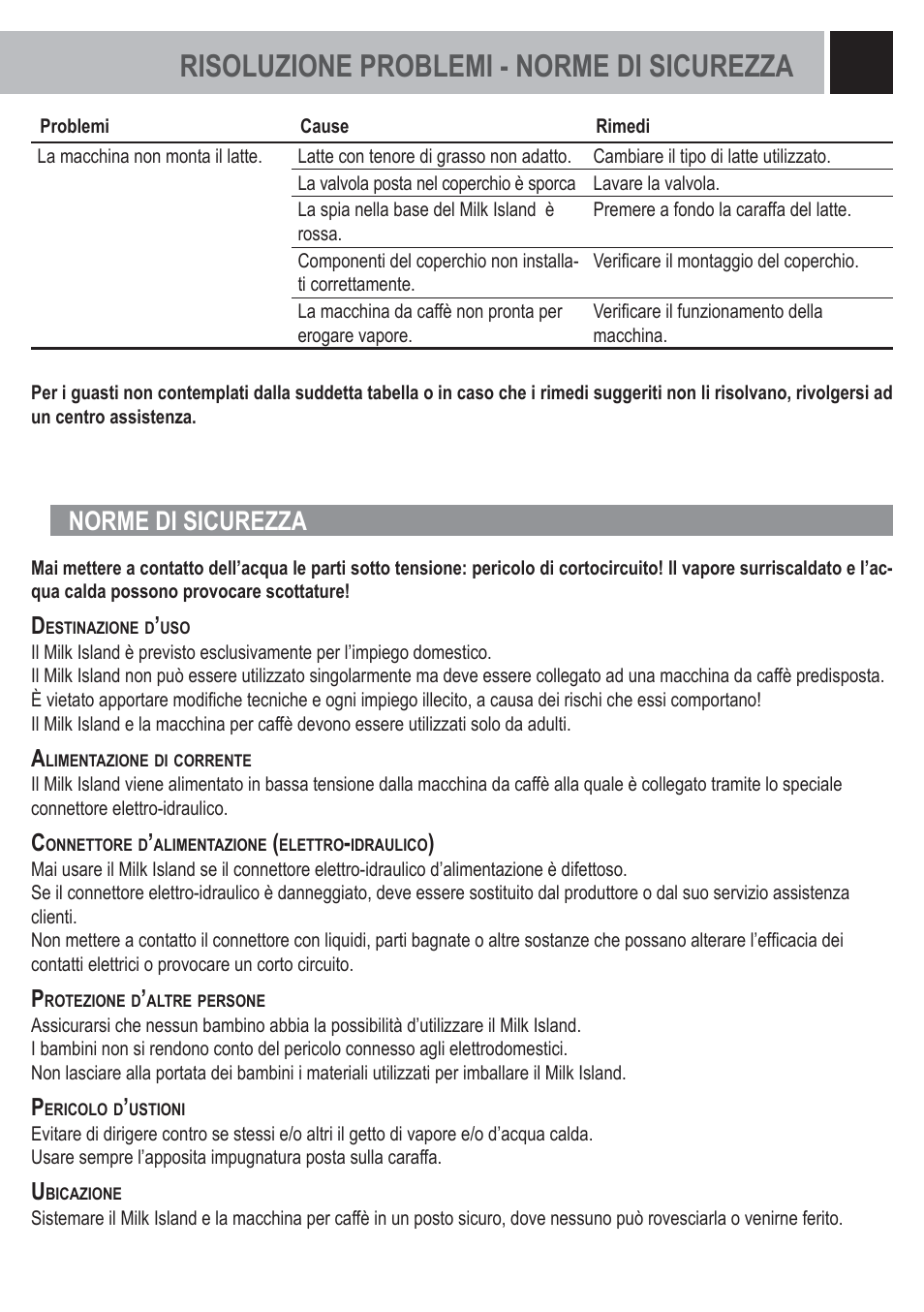 Risoluzione problemi - norme di sicurezza, Norme di sicurezza | Philips Saeco Milk Island User Manual | Page 9 / 84