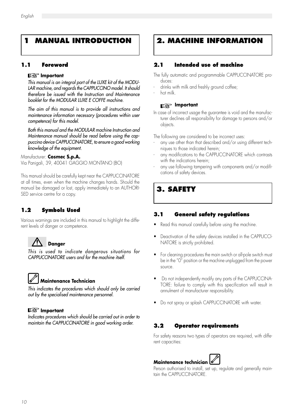 1 foreword, 2 symbols used, 2 - machine information | 1 intended use of machine, 3 - safety, 1 general safety regulations, 2 operator requirements, 1 manual introduction, Machine information, Safety | Philips Saeco CAP001B User Manual | Page 4 / 8