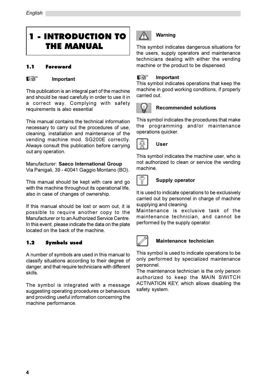 1 - introduction to the manual | Philips Saeco ESPRESSO SG200E User Manual | Page 4 / 68