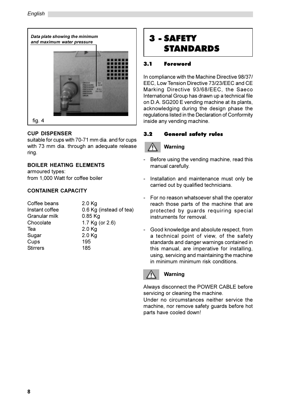 3 - safety standards | Philips Saeco ESPRESSO SG200E User Manual | Page 8 / 68