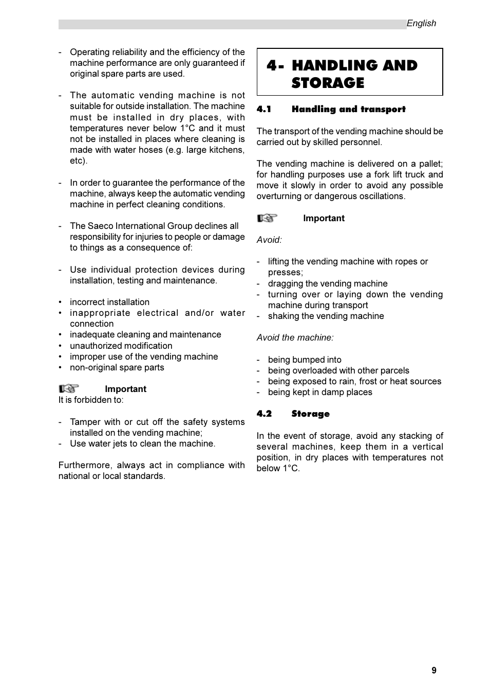 Handling and storage | Philips Saeco ESPRESSO SG200E User Manual | Page 9 / 68