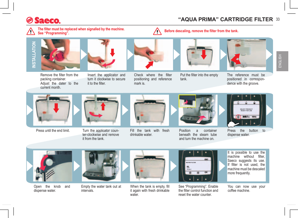 Aqua prima” cartridge filter | Philips Saeco INCANTO SIRIUS SUP021YADR User Manual | Page 11 / 24