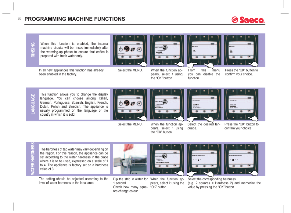 Programming machine functions, Language, Wat er h ar dn es s | Rinsing | Philips Saeco INCANTO SIRIUS SUP021YADR User Manual | Page 14 / 24