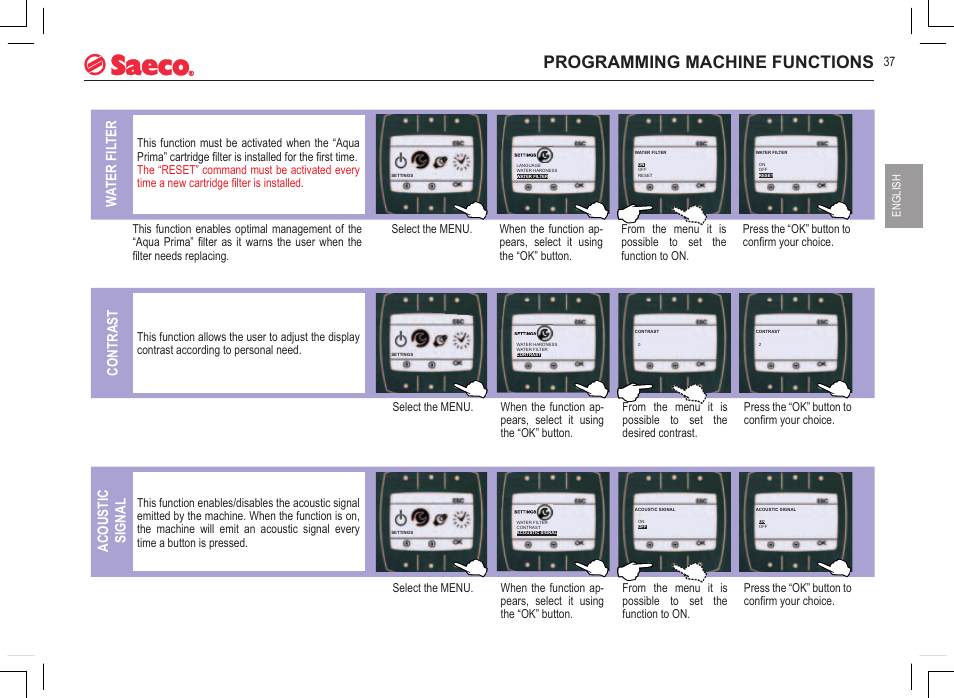 Programming machine functions, Water fil ter contrast, Acoustic signal | Philips Saeco INCANTO SIRIUS SUP021YADR User Manual | Page 15 / 24