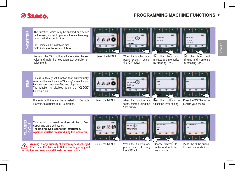 Programming machine functions, Timer, Cleaning cycle | On/off time | Philips Saeco INCANTO SIRIUS SUP021YADR User Manual | Page 19 / 24